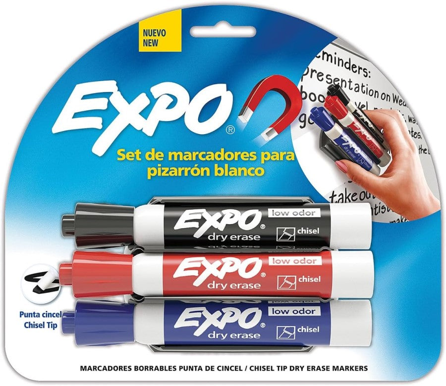 Marcador p/Pizarrón punta cincel c/Borrador Azul/Negro/Rojo Est.c/3 Expo® 1933178 [Paquete] 71641090439