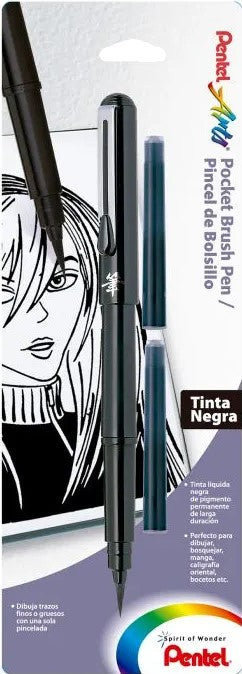 Pincel de Bolsillo Recargable c/2 Cartuchos Negro Pentel® GFKP3BP-A [Pieza] 841625004925