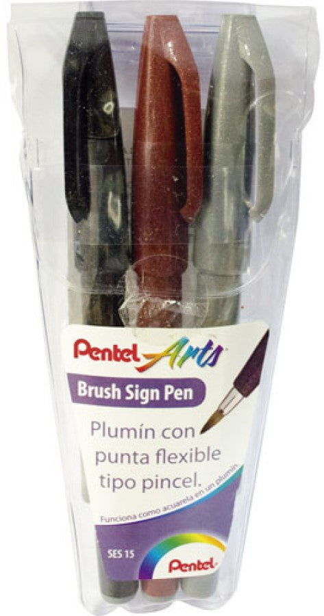 Marcador base Agua Brush Sign Pen Negro,Café,Gris Est.c/3 Proesa® SES15C-AEN-EST [Estuche] 841625007049