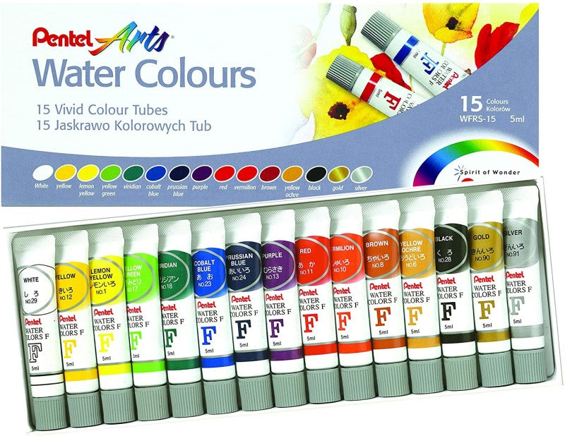 Pintura Acuarela Arts Water Colours c/15 Colores Tubos 5ml Pentel® WFRS-15 Caja 4711577025667 01