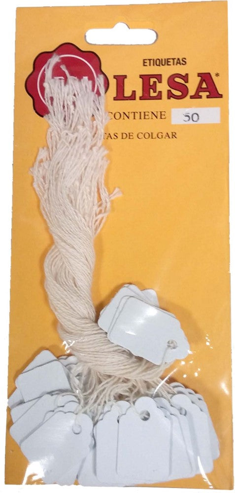 Etiqueta p/Precios c/Hilo Colgante en blíster c/50 Blanco 16×26mm Lesa® [Pieza] 7501036702027 Imagen principal del producto