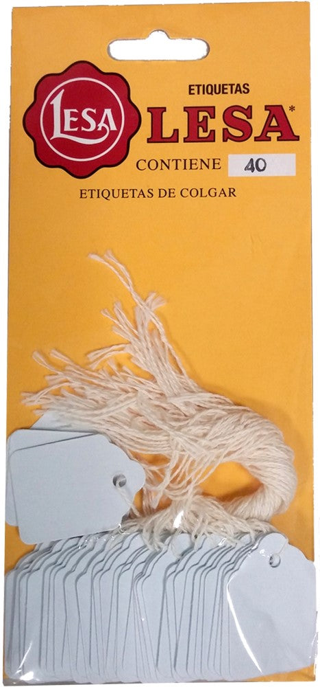 Etiqueta p/Precios c/Hilo Colgante en blíster c/40 Blanco 22×34mm Lesa® [Pieza] 7501036702034 Imagen principal del producto