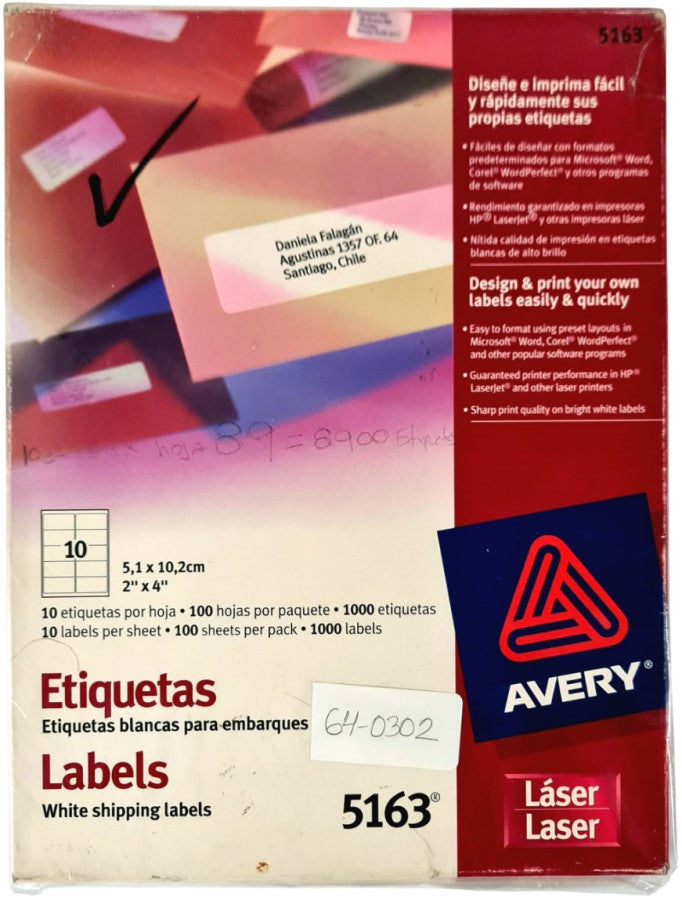 Etiqueta p/Impresora Láser c/1000 10 × Hoja 100hj Blanco 2×4" Avery® 5163 [Caja] 72782651633 Imagen principal del producto