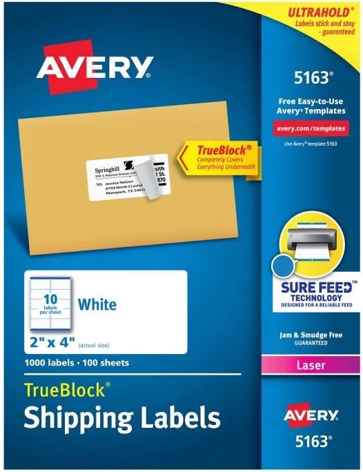 Etiqueta p/Impresora Láser c/1000 10 × Hoja 100hj Blanco 2×4" Avery® 5163 [Caja] 72782651633 2