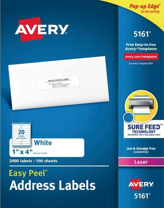 Etiqueta p/Impresora Láser c/2000 20 × Hoja 100hj Blanco 1×4" Avery® 5161 [Caja]