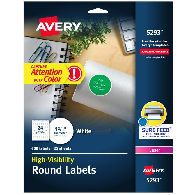 Etiqueta p/Impresora Láser c/600 Círculos 24×h 25hjs Blanco Ø 1-2/3" Avery® 5293 Sobre