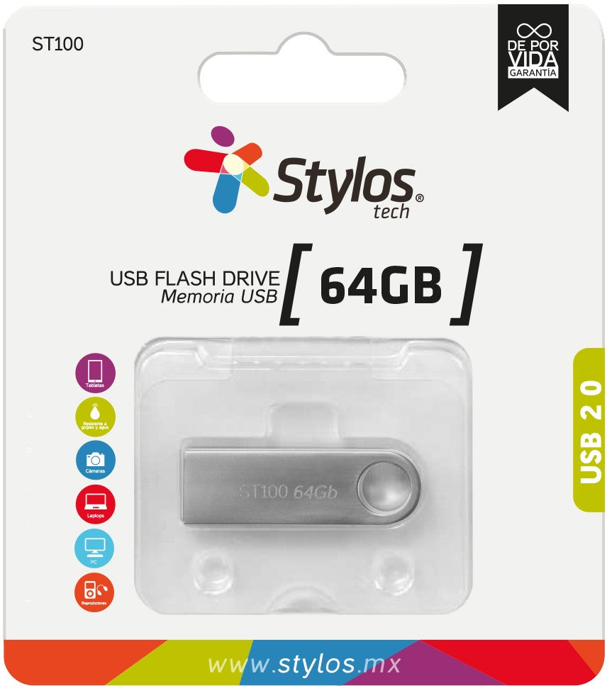 Memoria USB Tipo A 2.0 64gb Metálica ST100 Stylos® Tech STMUSB4B Pieza 7503024582598 01