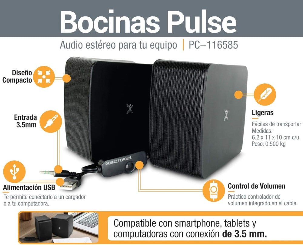 Bocinas para PC Estéreo Pulse 3.5mm plug USB-A power Negro Perfect Choice® PC116585 [Pieza] 615604116585 Imagen principal del producto