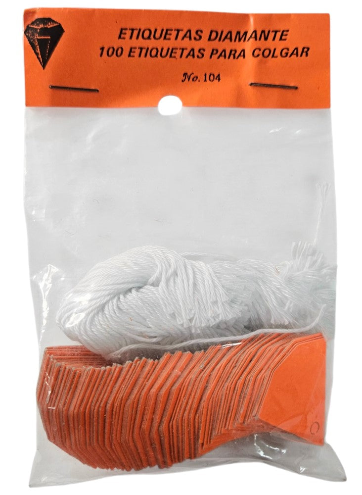 Etiqueta p/Precios c/Hilo Forma Diamante c/100 Nº104 Naranja Neón 30×25mm Proesa® Bolsa 01