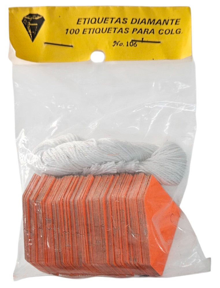 Etiqueta p/Precios c/Hilo Forma Diamante c/100 Nº106 Naranja Neón 28×42mm Proesa® Bolsa 01