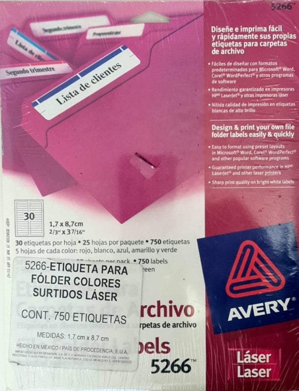 Etiqueta p/Impresora Laser Fólder c/750 30×Hj 25hjs Colores (5) 2/3×3-7/16 Avery® 5266 [Sobre] 72782652661