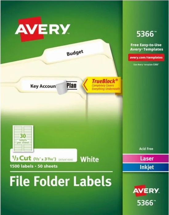 Etiqueta p/Impresora Fólder c/1500 50hjs Blanco 2/3×3-7/16 Avery® 5366 [Caja]