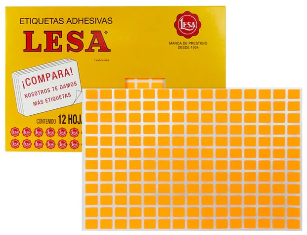 Etiqueta Adhesiva Clásica c/2160 12 hojas Naranja Neón #01 12×9mm Lesa® Pieza 02