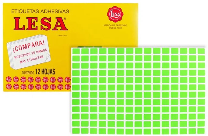 Etiqueta Adhesiva Clásica c/2160 12 hojas Verde Neón #01 12×9mm Lesa® Pieza 02