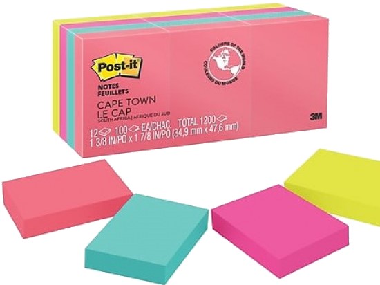 Notas Adhesivas Post-It® 12 Bloc.c/100hjs 1200h ColoresCapeTown 1.5×2" 3M® 653-AN Paquete 21200719653