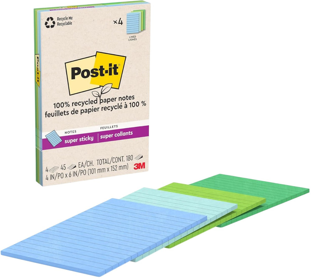 Notas Adhesivas SúperStic Post-it® 4 Block c/45 hjs 180hj Raya Colores(4) 4x6" 3M® 4621R-4SST [Pieza] 76308410629