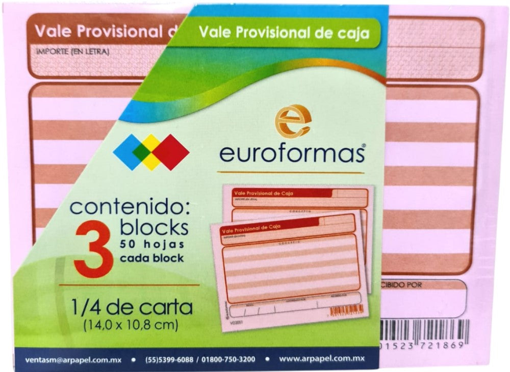 Block Vale Provisional de Caja c/3 50 hojas ¼ Carta euroformas® ER0100 [Paquete] 7501523722941