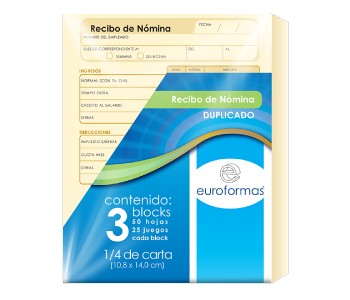 Block Recibos de Nomina paquete c/3 N 25 Juegos ¼ Carta euroformas® ER0106 7501523723009