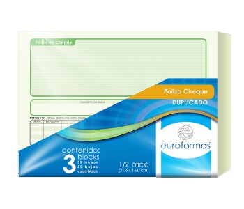 Block Póliza Cheques paquete c/3 25 Juegos ½ Oficio euroformas® ER0114 7501523723085 Imagen principal del producto
