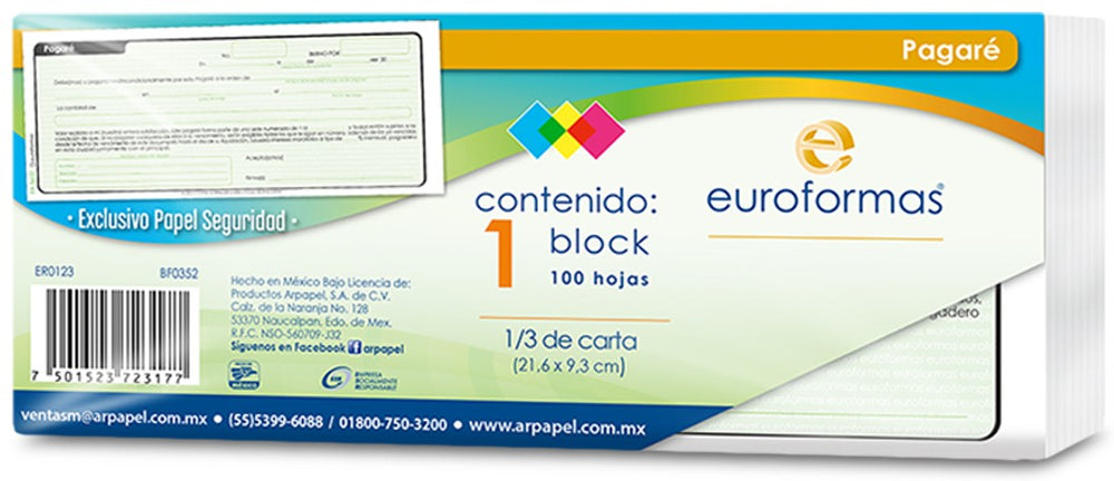 Block Pagares 100 hojas 21.06×9.3c euroformas® ER0123 [Pieza] 7501523723177 2