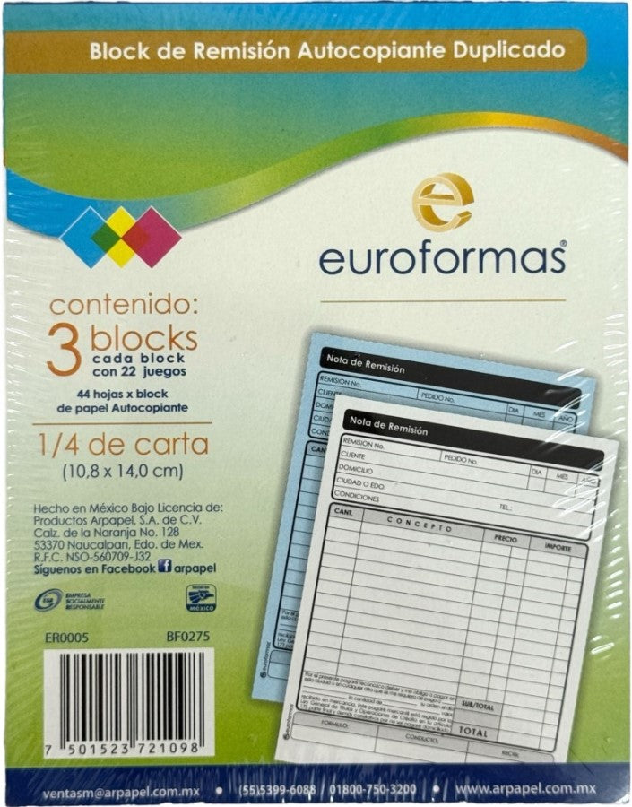 Block Remisiones Duplicado pakc3 Autocopia DA 22 Juegos ¼ Carta euroformas® ER0005 [Paquete] 7501523721098 2