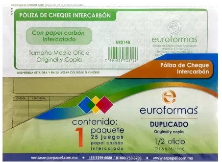Block Póliza Cheques c/Carbón C 25 Juegos ½ Oficio euroformas® ER0148 BFO407 [Pieza] 7501523723726