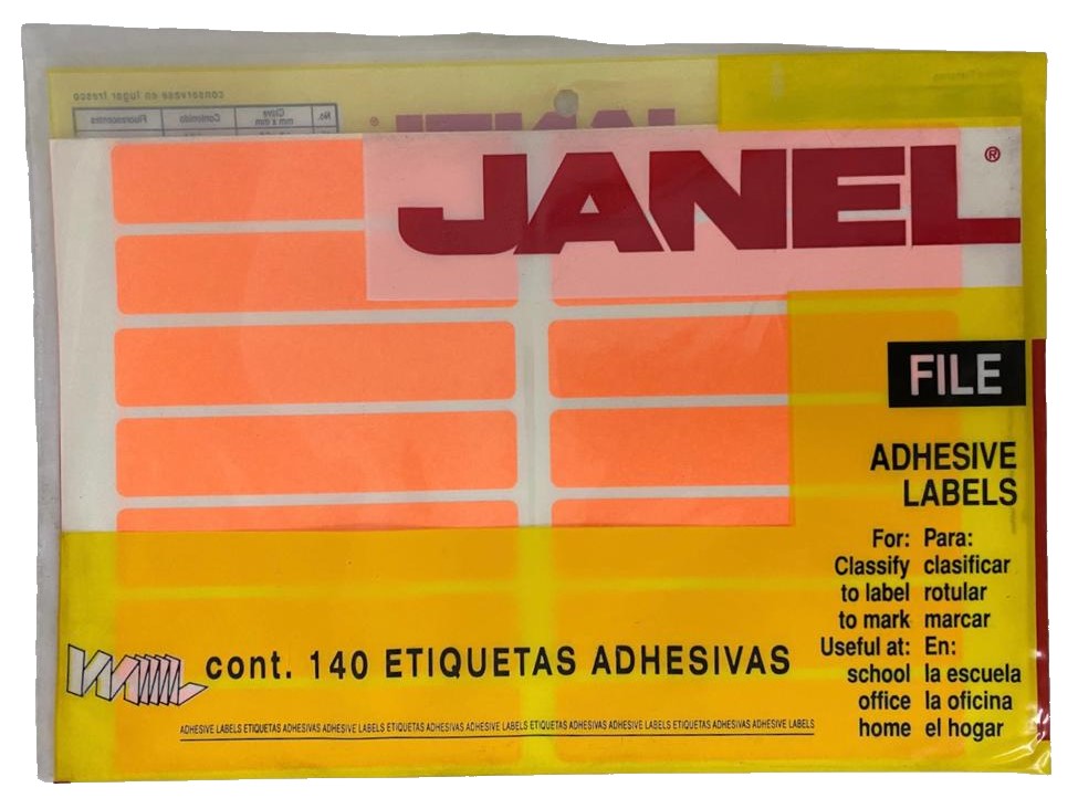 Etiqueta Adhesiva Clásica Fluorescente c/140 10 hoj Naranja Neón 16 #20 20×100 Janel® c/140 Bolsa 75
