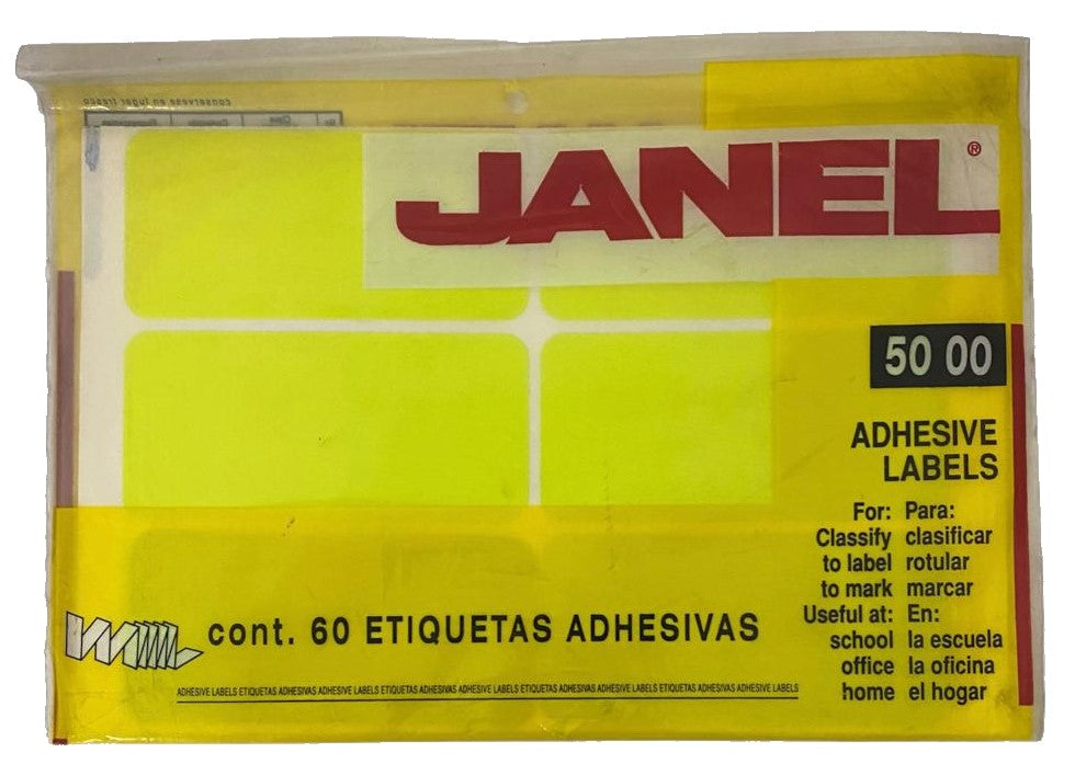 Etiqueta Adhesiva Clásica Fluorescente c/60 10 hoja Amarillo Neón04 #25 50×100 Janel® c/60 Bolsa 750