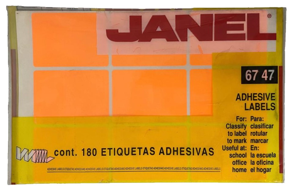 Etiqueta Adhesiva Clásica Fluorescente c/90 10 hoja Naranja Neón 16 #13 67×47 Janel® c/90 Bolsa 7501
