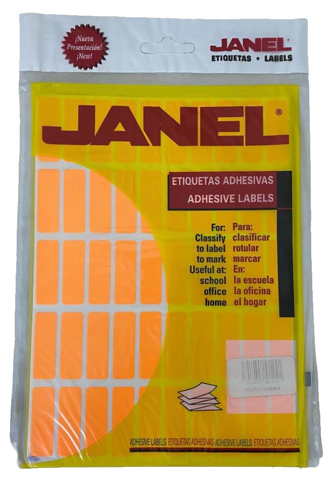 Etiqueta Adhesiva Clásica Fluorescente c/500 10 hoj Naranja Neón 16 #06 13×38 Janel® c/500 Bolsa 750