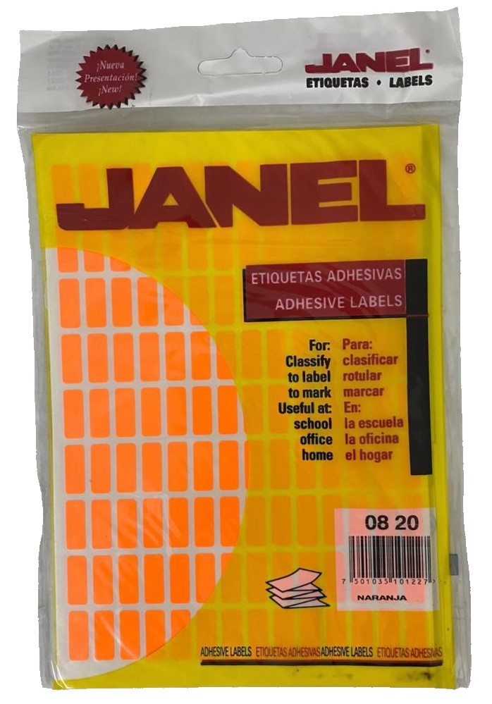 Etiqueta Adhesiva Clásica Fluorescente c/1260 10 ho Naranja Neón 16 #04 8×20mm Janel® c/1260 Bolsa 7