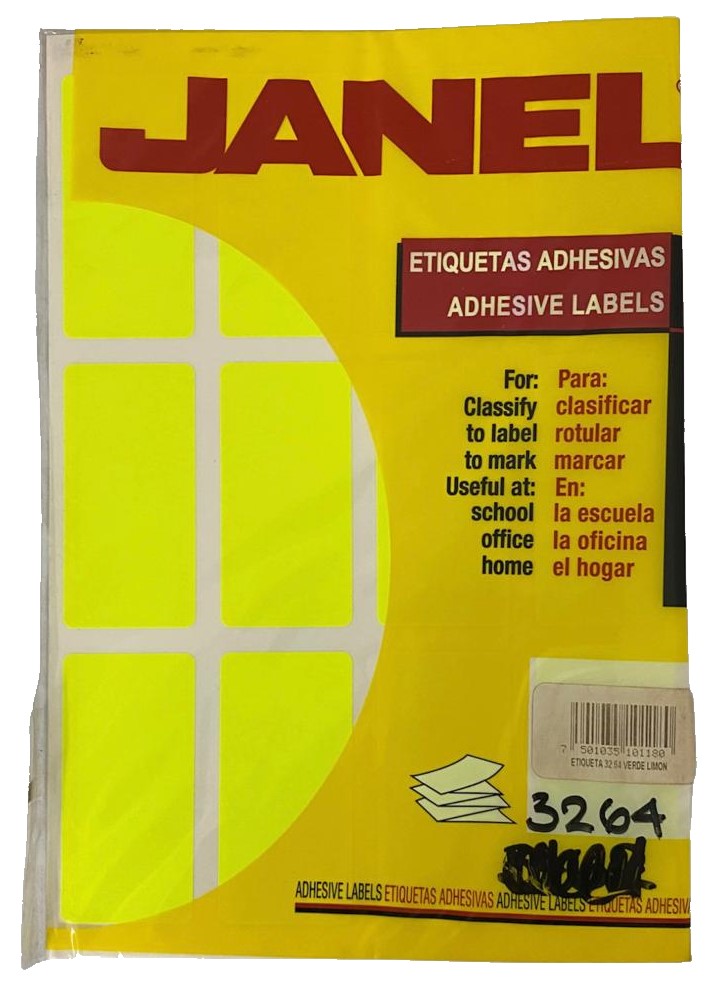 Etiqueta Adhesiva Clásica Fluorescente c/120 10 hoj Amarillo Neón04 #24 32×64 Janel® c/120 Bolsa 750