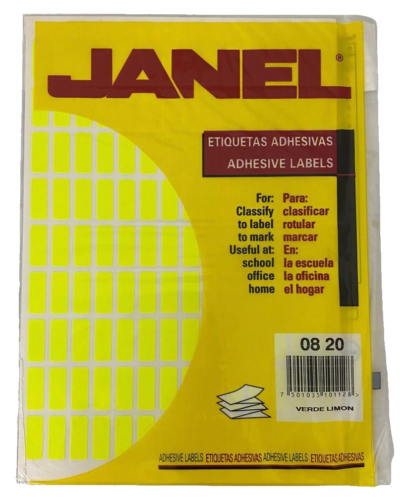 Etiqueta Adhesiva Clásica Fluorescente c/1260 10 ho Amarillo Neón04 #04 8×20mm Janel® c/1260 Bolsa 7