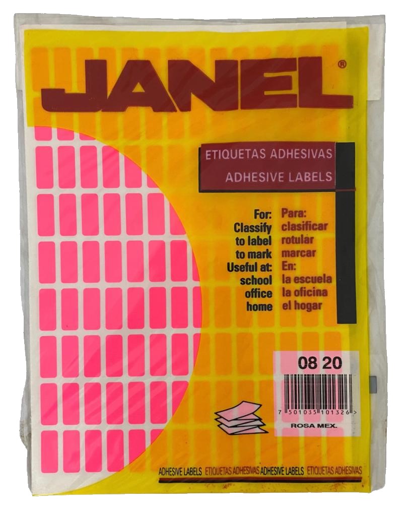 Etiqueta Adhesiva Clásica Fluorescente c/1260 10 ho Rosa Neón 20 #04 8×20mm Janel® c/1260 Bolsa 7501