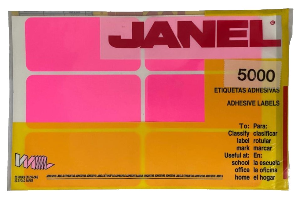 Etiqueta Adhesiva Clásica Fluorescente c/60 10 hoja Rosa Neón 20 #25 50×100 Janel® c/60 Bolsa 01