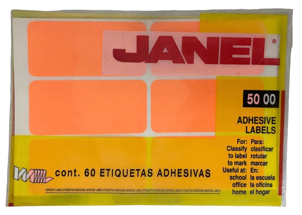 Etiqueta Adhesiva Clásica Fluorescente c/60 10 hoja Naranja Neón 16 #25 50×100 Janel® c/60 Bolsa 750