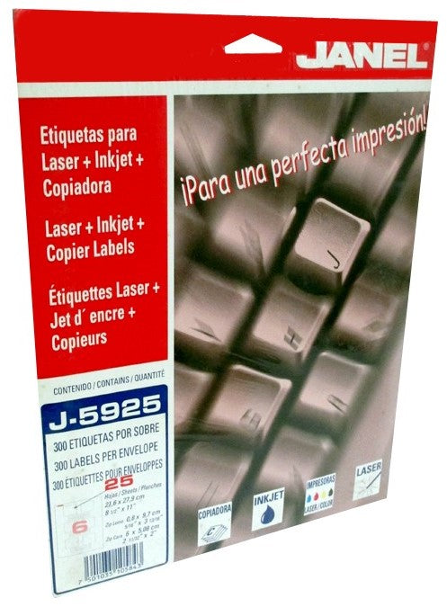 Etiqueta p/Impresora c/300 6 × Hoja Zip Disk 25hjs Blanco 2-11/32×2" Janel® J-5925 Sobre 75010351058