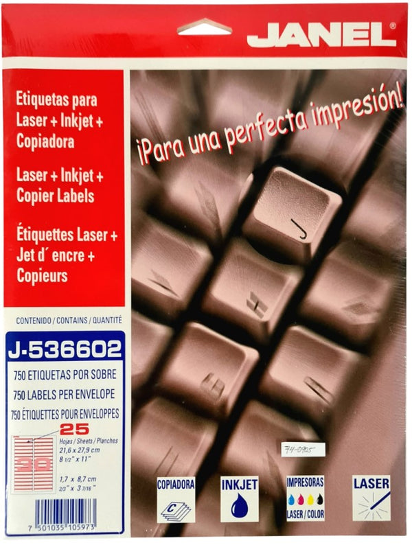 Etiqueta p/Impresora Fólder c/750 30 × Hoja 25hjs Rojo 2/3×3-7/16 Janel® J-5366-02 Sobre 75010351059