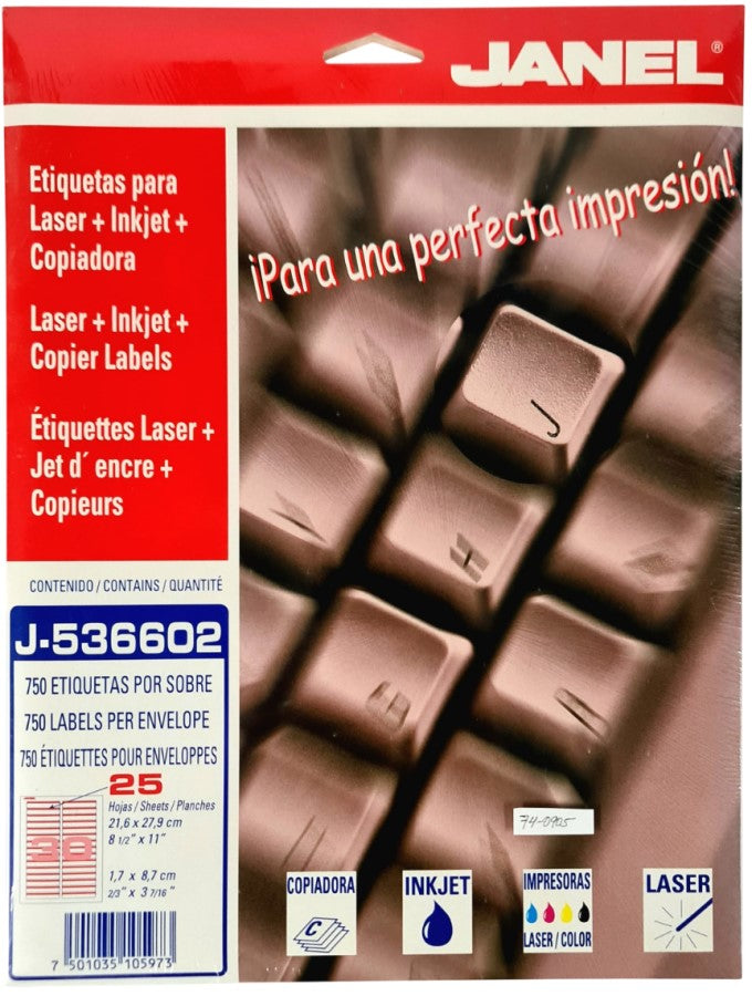 Etiqueta p/Impresora Fólder c/750 30 × Hoja 25hjs Rojo 2/3×3-7/16 Janel® J-5366-02 Sobre 75010351059