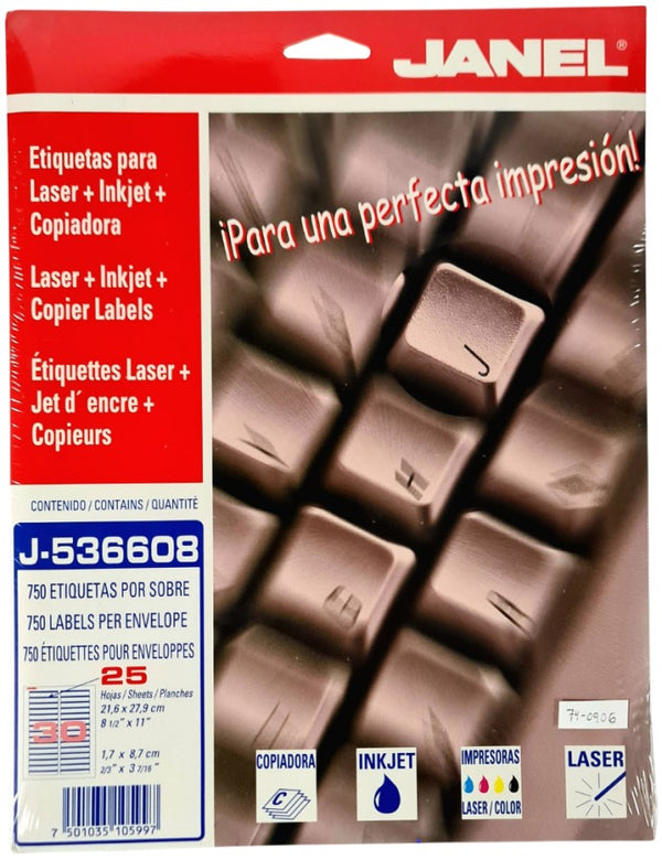 Etiqueta p/Impresora Fólder c/750 30 × Hoja 25hjs Azul 2/3×3-7/16 Janel® J-5366-08 Sobre 75010351059