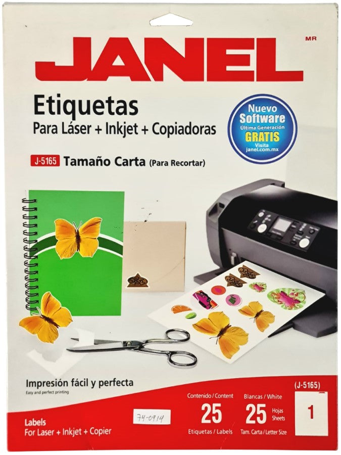 Etiqueta p/Impresora c/25 1 × Hoja 25hjs Blanco 8½×11" Janel® J-5165 Sobre 7501035105744 01