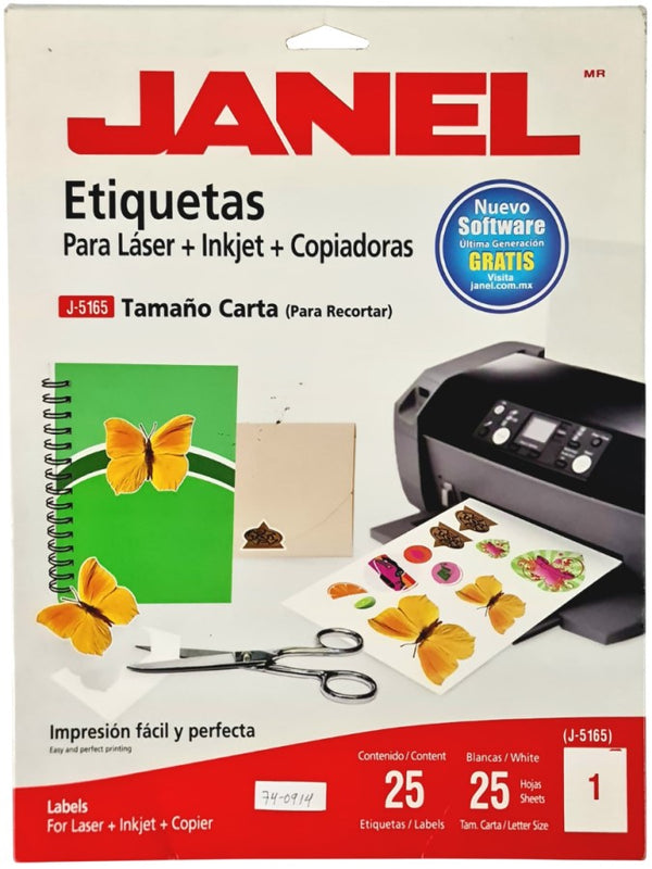 Etiqueta p/Impresora c/25 1 × Hoja 25hjs Blanco 8½×11" Janel® J-5165 Sobre 7501035105744 01