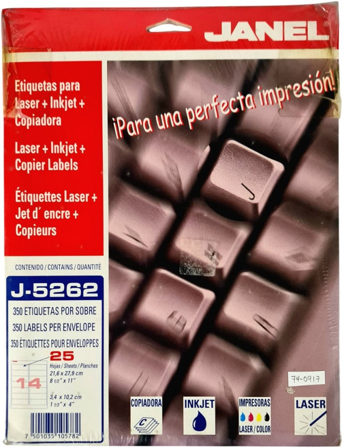 Etiqueta p/Impresora c/350 14 × Hoja 25hjs Blanco 1-1/3×4" Janel® J-5262 Sobre 7501035105782 01
