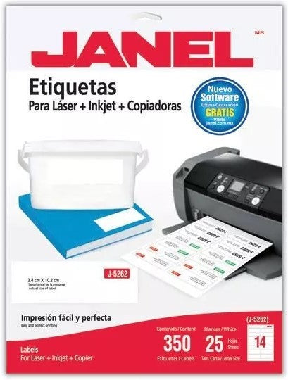 Etiqueta p/Impresora c/350 14 × Hoja 25hjs Blanco 1-1/3×4" Janel® J-5262 Sobre 7501035105782 02