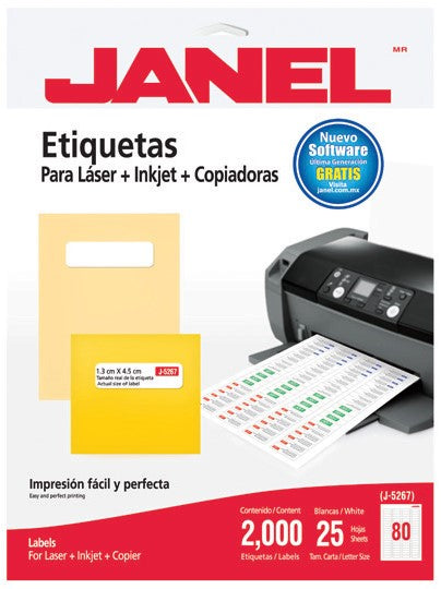 Etiqueta p/Impresora c/2000 80 × Hoja 25hjs Blanco ½×1¾" Janel® J-5267 Sobre 7501035106017 01