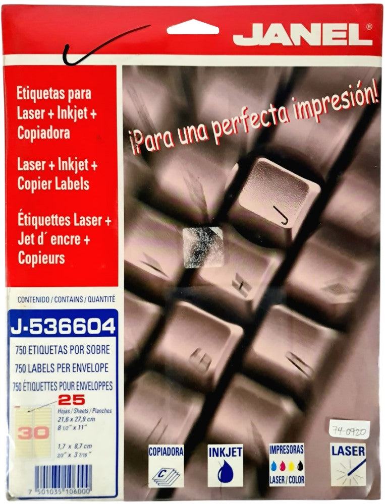 Etiqueta p/Impresora Fólder c/750 30 × Hoja 25hjs Amarillo 2/3×3-7/16 Janel® J-5366-04 Sobre 7501035