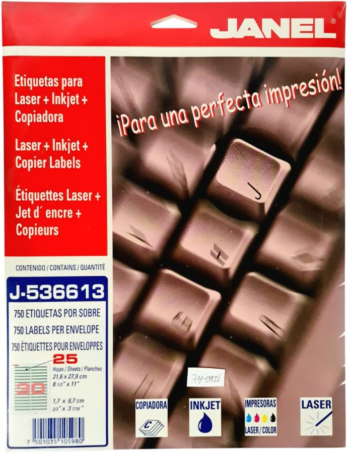Etiqueta p/Impresora Fólder c/750 30 × Hoja 25hjs Verde 2/3×3-7/16 Janel® J-5366-13 Sobre 7501035105