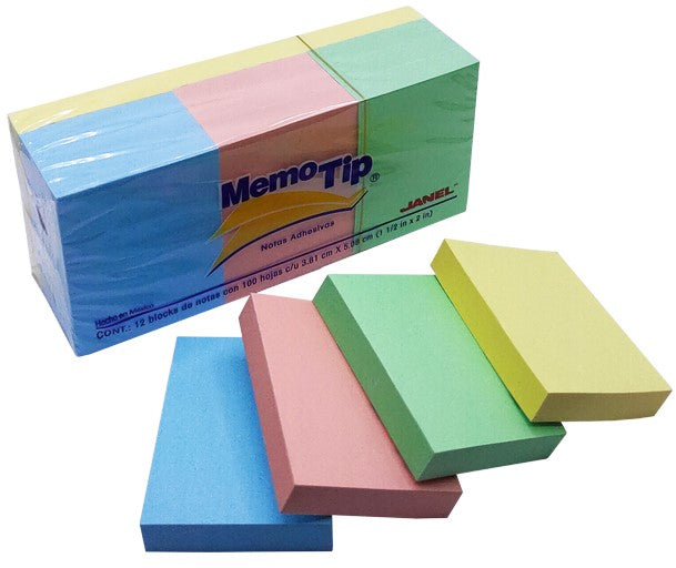 Notas Adhesivas Memotip117 12 Bloc.c/100h 1200h Pastel Colores 1.5×2" Janel® [Pieza] 7501035104051 Imagen principal del producto