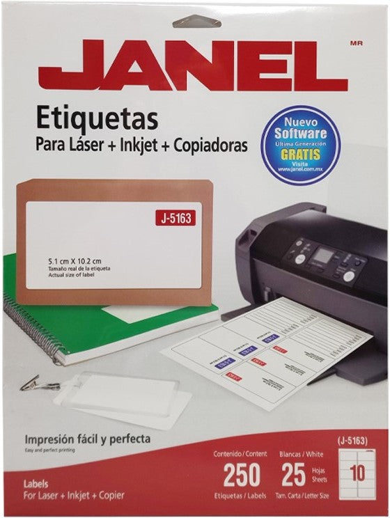 Etiqueta p/Impresora c/250 10 × Hoja 25hjs Blanco 2×4" Janel® J-5163 Sobre 7501035105713 01