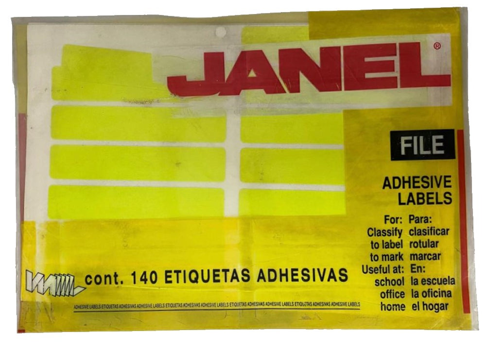 Etiqueta Adhesiva Clásica Fluorescente c/140 10 hoj Amarillo Neón04 #20 20×100 Janel® c/140 Bolsa 75